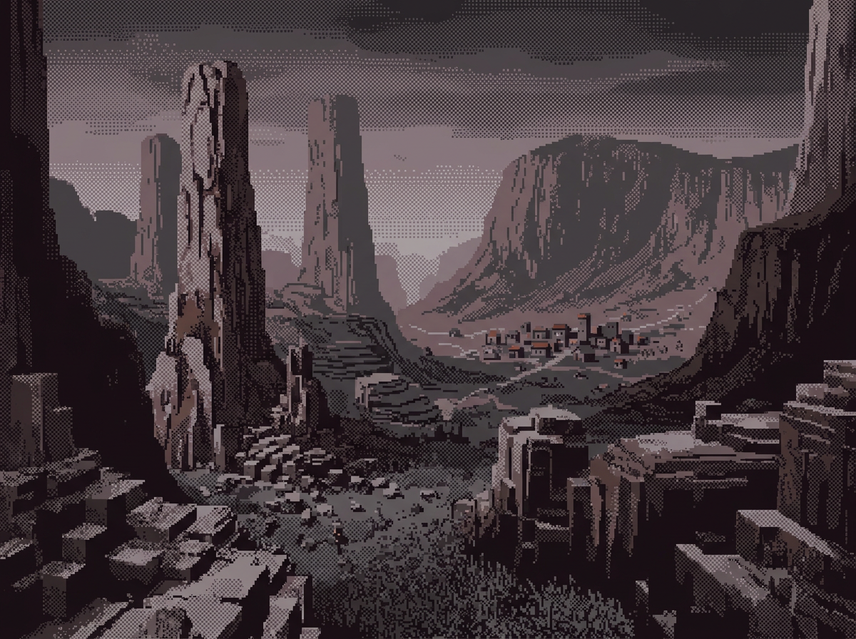 Generated pixel-art valley with stone pillars and a small settlement